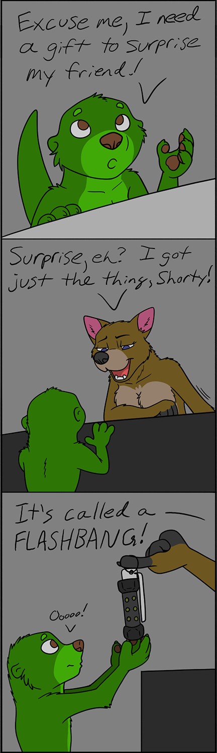 2022 anthro biped brown_body brown_fur comic dialogue duo english_text flashbang fur green_body green_fur hi_res holding_object humor lutrine mammal misterpickleman mustelid open_mouth size_difference text