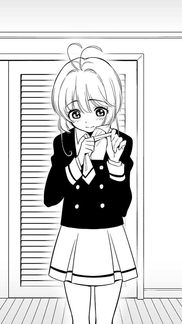 1girl :&gt; antenna_hair black_shirt blush cardcaptor_sakura closet commentary_request eyebrows_visible_through_hair greyscale hands_up highres indoors kinomoto_sakura long_sleeves looking_down monochrome necktie school_uniform shirt short_hair sidelocks skirt solo tomoeda_middle_school_uniform ukokkei undressing white_necktie white_skirt wing_collar wrist_cuffs