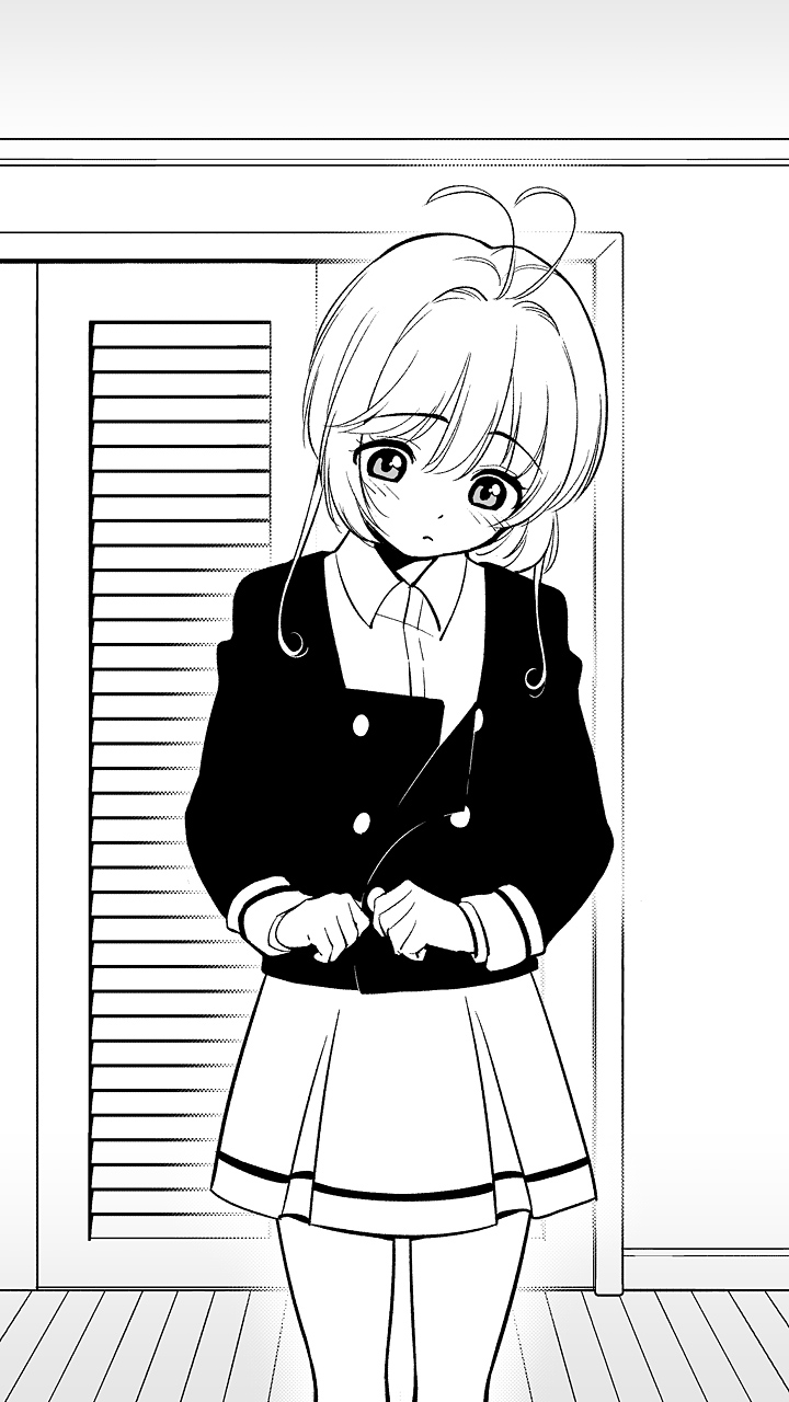 1girl antenna_hair black_shirt blush cardcaptor_sakura closet commentary_request eyebrows_visible_through_hair greyscale hands_up highres indoors kinomoto_sakura long_sleeves looking_down monochrome necktie school_uniform shirt short_hair sidelocks skirt solo tomoeda_middle_school_uniform ukokkei unbuttoning undressing white_necktie white_skirt wing_collar wrist_cuffs