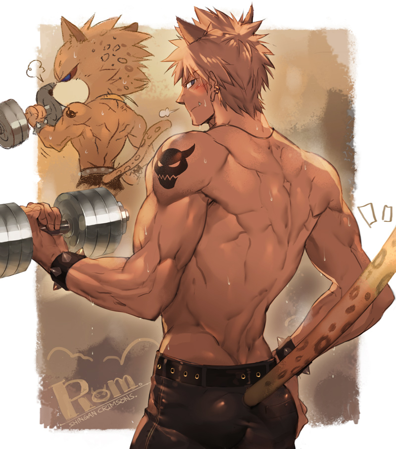 1boy animal_ears back bara biceps blonde_hair blue_eyes blush bracelet dumbbell flexing furry furry_male hand_on_hip jewelry large_pectorals leather leather_belt leather_pants leopard_boy leopard_ears leopard_tail looking_at_viewer looking_back male_focus manly muscular muscular_male necklace nikism pants pectorals pose rom_(show_by_rock!!) shoulder_tattoo show_by_rock!! sight solo spiked_bracelet spiked_hair spikes sweat sweatdrop tail tan tattoo tight tusks