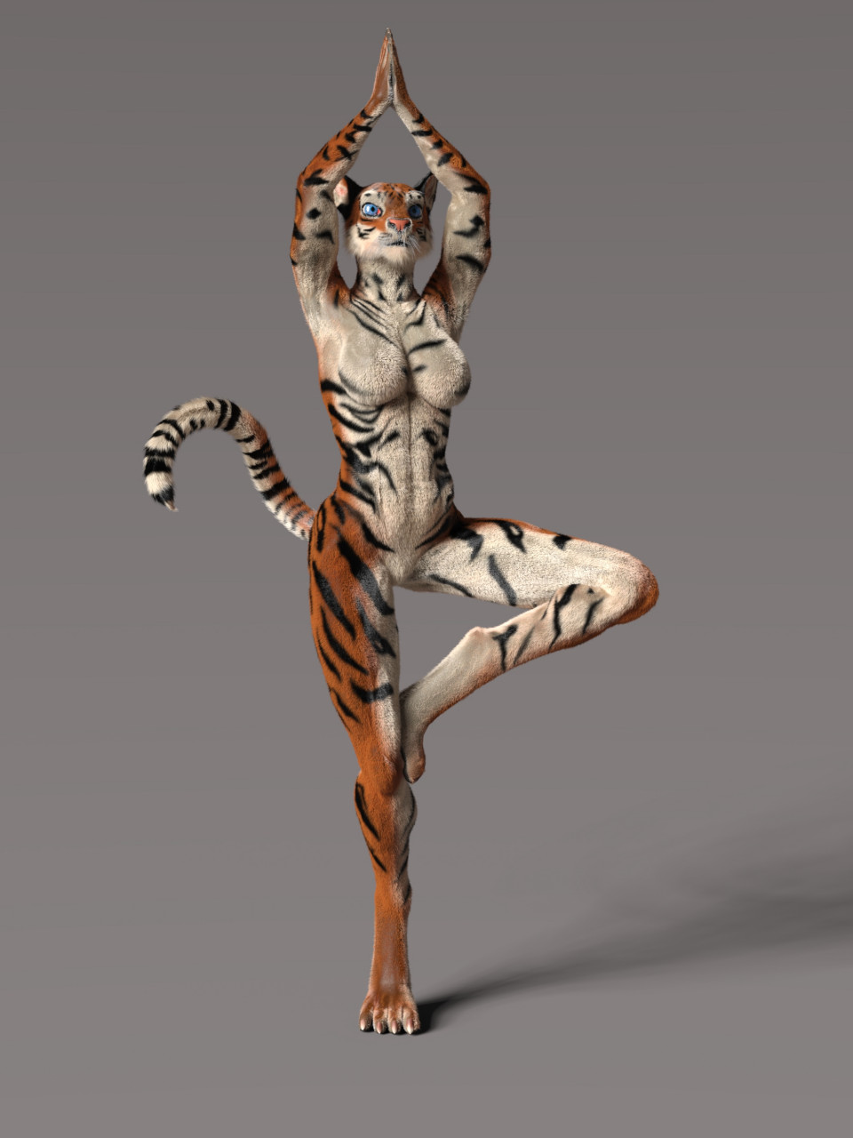 3d_(artwork) 4_toes abs anthro athletic athletic_female bengal_tiger big_eyes black_ears blue_eyes breasts curled_tail digital_media_(artwork) digitigrade earthclan3d facial_markings featureless_breasts feet felid female front_view fur glistening glistening_body glistening_fur grey_background hand_above_head hands_together head_markings hi_res mammal markings on_one_leg orange_body orange_fur pantherine pink_nose piper_(earthclan) pointed_feet simple_background solo standing striped_arms striped_body striped_chest striped_face striped_fur striped_legs striped_markings striped_tail stripes tail_markings tiger toes tree_pose ventral_groove white_body white_breasts white_fur white_inner_ear white_whiskers yoga