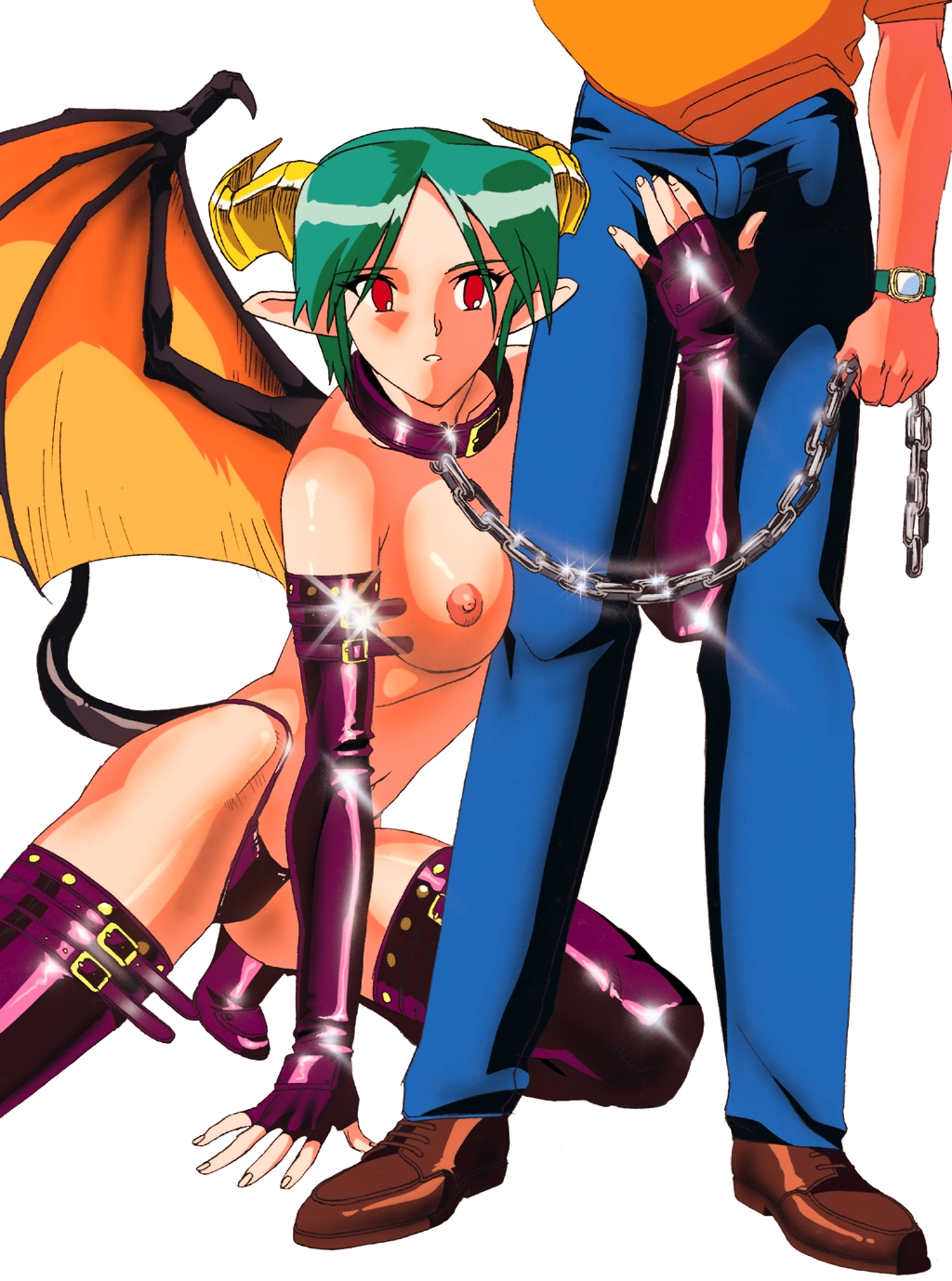 1boy 1girl bat_wings bdsm breasts carrera collar demon demon_girl demon_wings elbow_gloves fingerless_gloves gloves green_hair groping highres horns large_breasts leash pants pointy_ears red_eyes simple_background sogna succubus thigh_strap topless viper viper_gts white_background wings