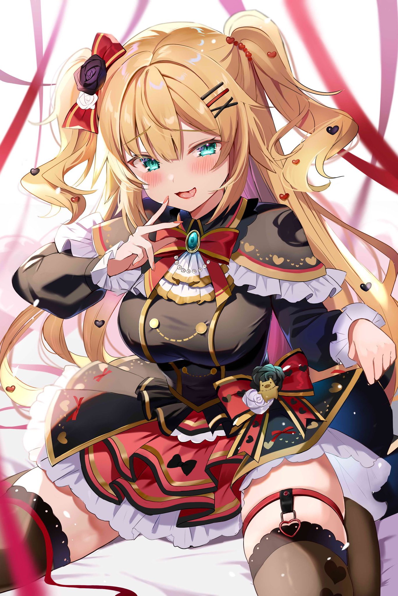 1girl akai_haato bangs black_capelet black_dress blonde_hair blue_eyes blush bow bowtie breasts brown_legwear capelet dress eyebrows_visible_through_hair frilled_capelet frilled_sleeves frills garters hair_bow hair_ornament hairclip heart heart_hair_ornament highres hololive large_breasts long_hair long_sleeves looking_at_viewer on_bed red_bow red_bowtie red_ribbon ribbon satoupote sitting sitting_on_bed solo thighhighs tongue tongue_out two_side_up very_long_hair virtual_youtuber wariza x_hair_ornament