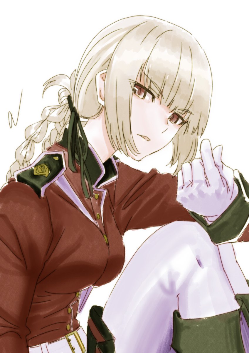 1girl bad_id bangs belt boots breasts buttons cwind eyebrows_visible_through_hair fate/grand_order fate_(series) florence_nightingale_(fate) gloves highres jacket long_hair looking_at_viewer non-web_source red_eyes red_jacket ribbon shoulder skirt solo solo_focus thighhighs white_background white_hair