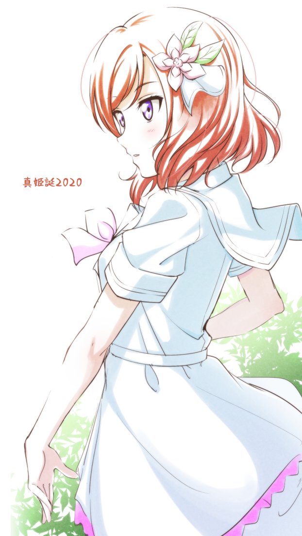 1girl anibache bangs breasts commentary dress eyebrows_visible_through_hair flower from_behind hair_flower hair_ornament looking_at_another love_live! love_live!_school_idol_project nishikino_maki purple_eyes red_hair short_hair short_sleeves small_breasts solo translation_request white_background white_dress