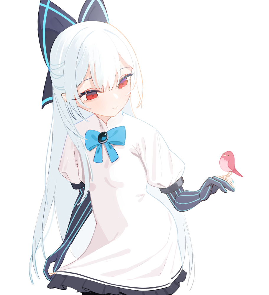 1girl animal animal_ears animal_on_hand beijuu bird blue_bow blue_nails bow closed_mouth dress elbow_gloves fingerless_gloves fingernails frills girls'_frontline gloves grey_background grey_bow grey_gloves hair_bow long_hair partially_fingerless_gloves puffy_sleeves red_eyes simple_background smile striped striped_gloves tokarev_(girls'_frontline) turtleneck white_dress white_hair