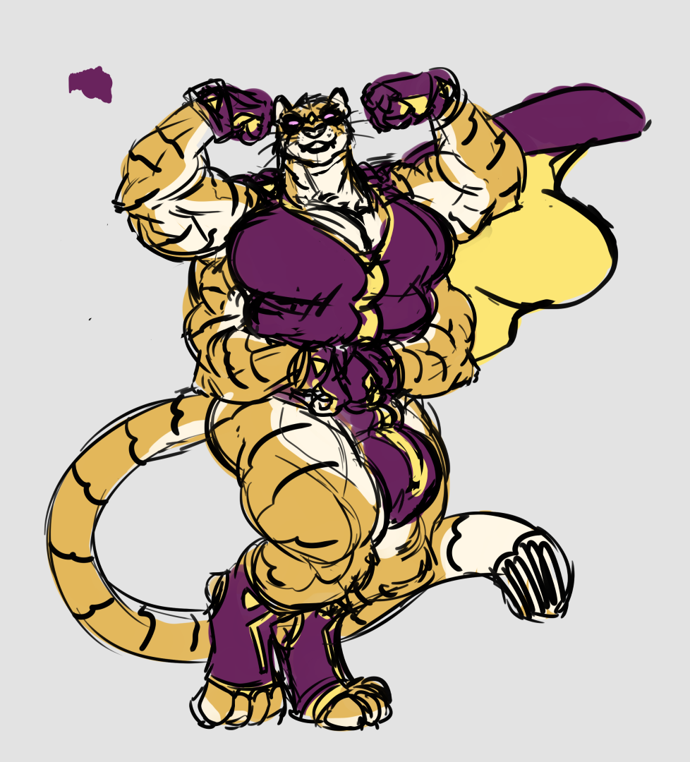 anthro boo3 breasts bulge cape cleavage clothed clothing colored digitigrade felid flexing genitals gynomorph hyper intersex mammal mask multi_arm multi_breast multi_genitalia multi_limb multi_penis muscular pantherine penis solo superhero the_stripe tiger