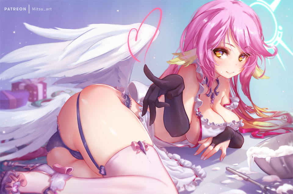 1girl angel angel_wings apron ass blue_panties box breasts cleavage closed_mouth commentary cross english_commentary feathered_wings food garter_straps gift gift_box gloves gradient_hair halo heart high_heels jibril_(no_game_no_life) large_breasts long_hair low_wings lying magic_circle mitsu_(mitsu_art) multicolored_eyes multicolored_hair naked_apron no_game_no_life on_side orange_eyes panties pink_hair pink_legwear purple_footwear smile solo symbol-shaped_pupils thighhighs thighs underwear very_long_hair white_wings wing_ears wings yellow_eyes