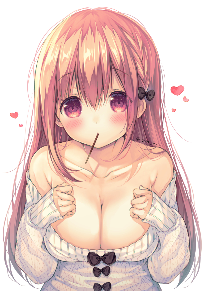 1girl blush bow braid breasts brown_eyes brown_hair cleavage collarbone eyebrows_visible_through_hair food hair_bow highres hinako_note large_breasts long_hair looking_at_viewer march-bunny off-shoulder_sweater off_shoulder pocky sakuragi_hinako shiny shiny_hair simple_background solo sweater upper_body white_background