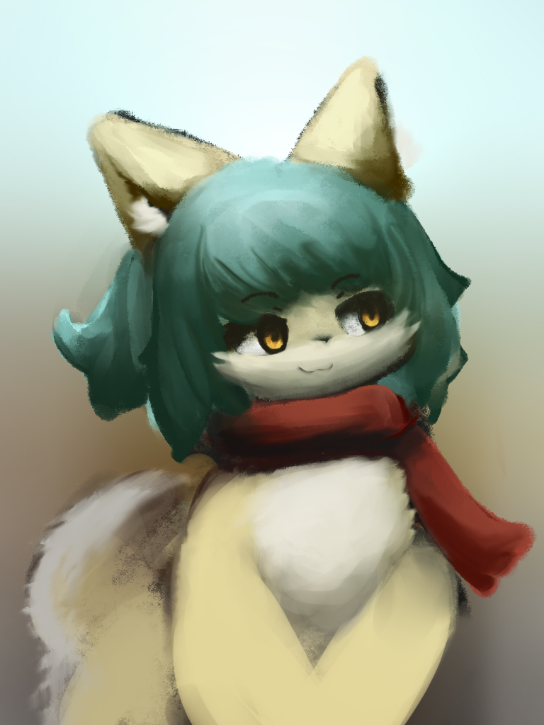 :3 anthro bangs black_eyelashes black_eyes black_nose blue_hair canid canine chest_tuft female fur hair hands_on_thighs hasukii inner_ear_fluff kemono looking_away mammal mouth_closed nude orange_eyes red_scarf scarf smile solo standing tuft unfinished unknown_character white_body white_fur white_inner_ear_fluff white_tail yellow_body yellow_fur yellow_tail