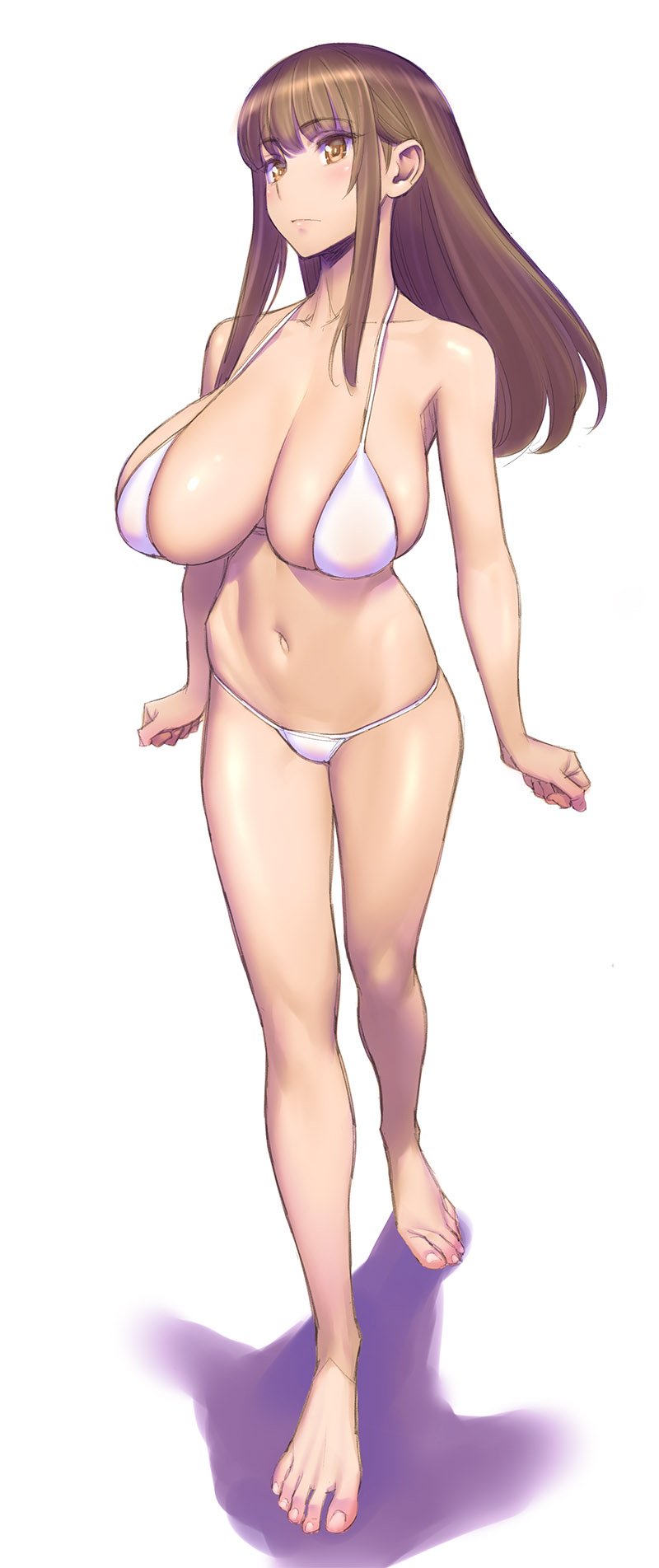 1girl bangs bare_shoulders bikini blush breasts brown_eyes brown_hair cleavage collarbone full_body highres large_breasts long_hair looking_at_viewer minazuki_juuzou navel original solo swimsuit white_bikini