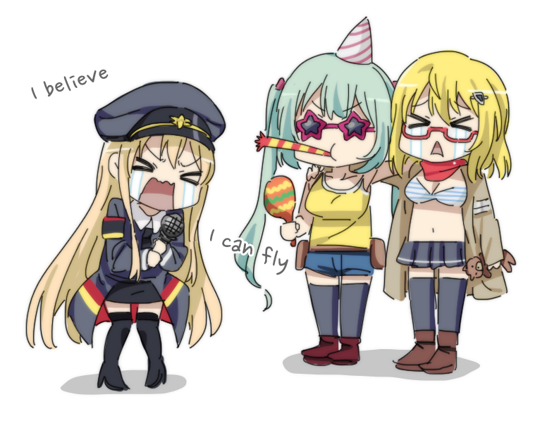 &gt;_&lt; 3girls arm_around_shoulder as_val_(girls'_frontline) bikini black_legwear blonde_hair bow breasts camisole chibi commentary crying english_text eyebrows_visible_through_hair girls'_frontline hair_bow hair_ornament hairclip hat instrument karaoke korean_commentary large_breasts long_hair lyrics maracas micro_uzi_(dorky_sleepyhead)_(girls'_frontline) micro_uzi_(girls'_frontline) microphone multiple_girls music navel official_alternate_costume open_mouth party_hat party_horn short_hair sidarim simple_background singing skirt standing star-shaped_eyewear stg44_(girls'_frontline) striped striped_bikini swimsuit t_t triangle_mouth white_background yellow_camisole