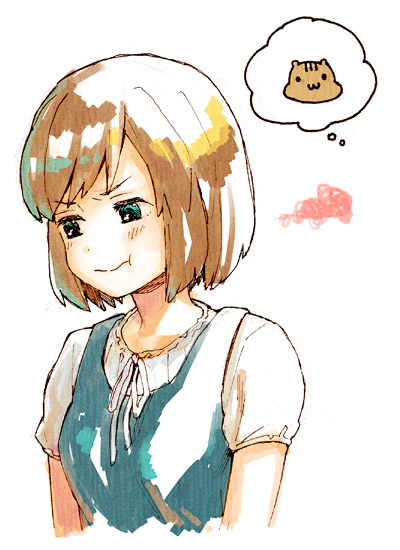 1girl :t bangs blue_eyes bob_cut breasts brown_hair looking_away neck_ribbon nishii_(pixiv4603624) pout protagonist_(tokimemo_gs2) ribbon short_hair short_sleeves simple_background solo spoken_animal squiggle swept_bangs thought_bubble tokimeki_memorial tokimeki_memorial_girl's_side_2nd_kiss upper_body white_background