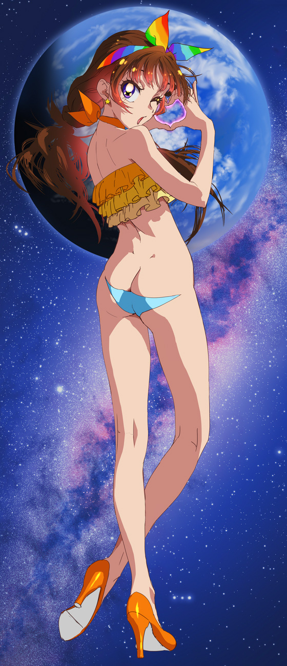 1girl amanogawa_kirara ass bare_shoulders brown_hair earrings earth_(planet) full_body go!_princess_precure heart heart_hands high_heels highres jewelry long_hair looking_at_viewer multicolored_clothes nadeara_bukichi open_mouth planet precure purple_eyes solo space star_(symbol) star_earrings twintails