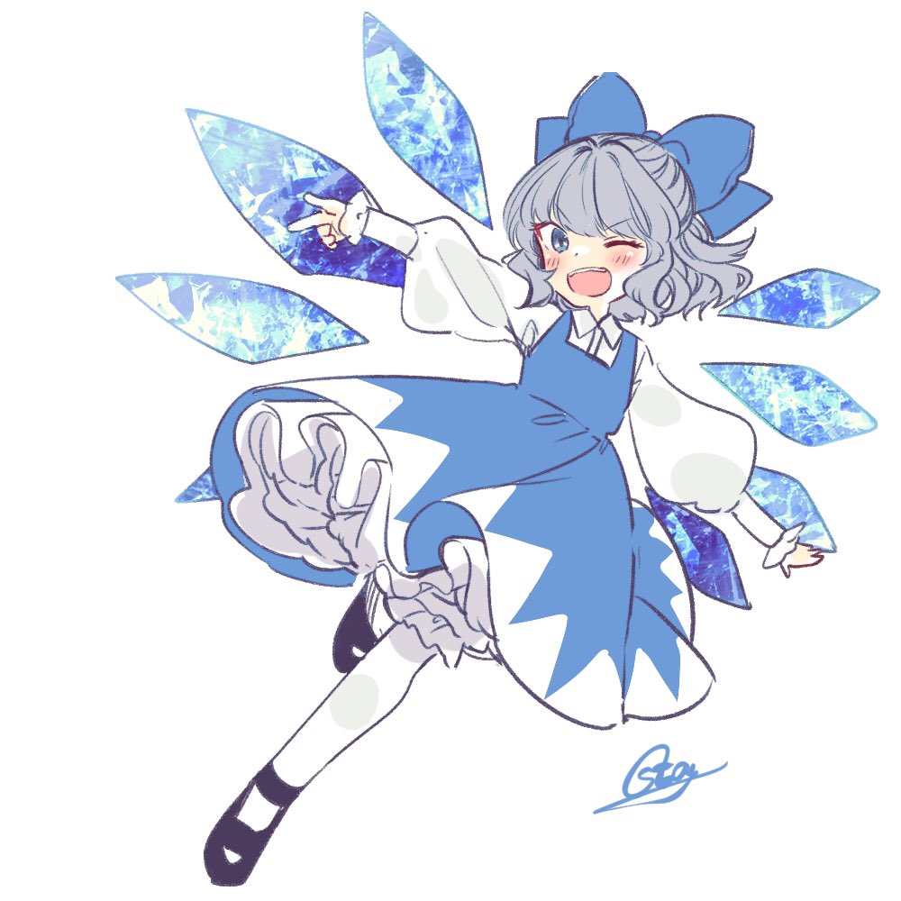 1girl ;d bangs black_footwear blue_bow blue_dress bow cirno dress eyebrows_visible_through_hair grey_hair hair_bow ice ice_wings looking_at_viewer one_eye_closed open_mouth pinafore_dress short_hair signature simple_background smile solo souta_(karasu_no_ouchi) teeth touhou upper_teeth white_background white_legwear wings