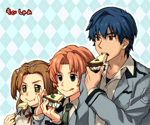 +_+ 1girl 2boys :&gt; :q :t amachi_shouta argyle argyle_background bangs blue_hair brown_hair cake cake_slice cheesecake collared_shirt dress_shirt eating food food_wrapper fork green_necktie grey_jacket hair_ornament hairclip hand_on_own_cheek hand_on_own_face height_difference holding holding_food holding_fork jacket long_sleeves looking_afar mole mole_under_eye multiple_boys neck_ribbon necktie nishii_(pixiv4603624) nishimoto_haruhi one_side_up portrait red_hair red_ribbon ribbon school_uniform shiba_katsumi shirt short_hair side-by-side smile tokimeki_memorial tokimeki_memorial_girl's_side_2nd_kiss tongue tongue_out undershirt upper_body white_shirt x_hair_ornament