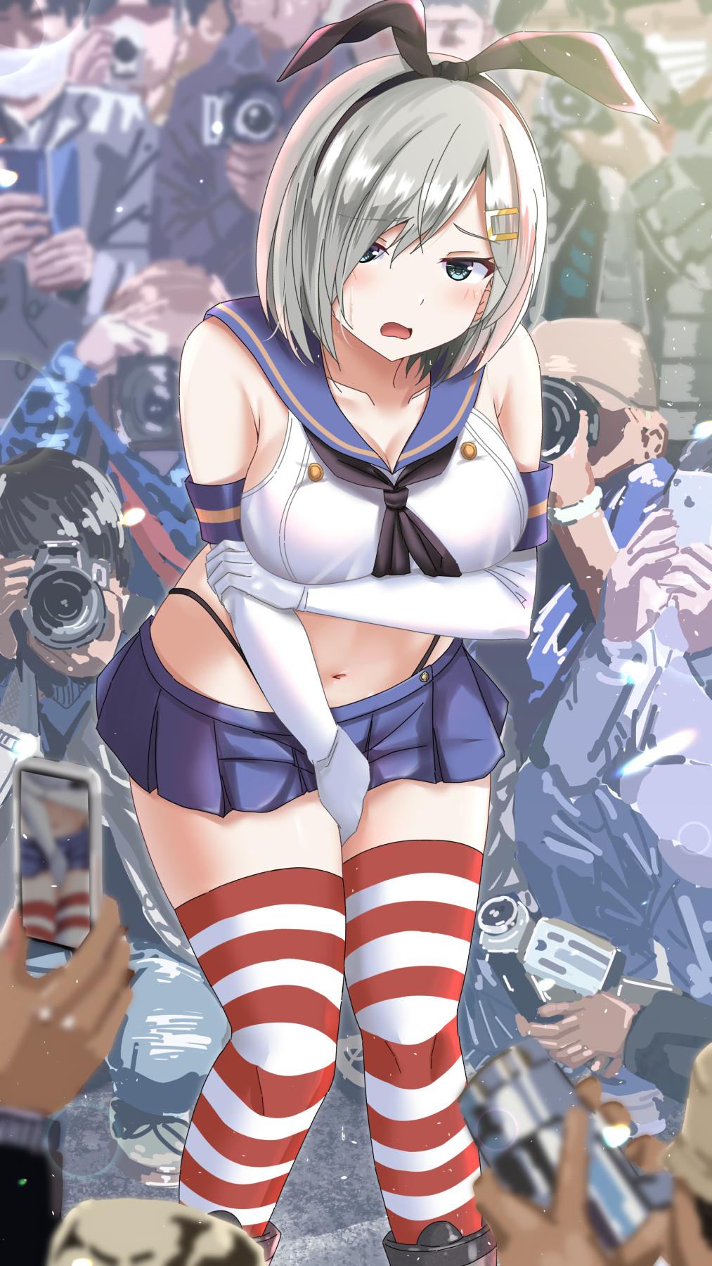 1girl 6+boys animal_ears arm_under_breasts bare_shoulders blue_eyes blue_skirt blush breasts cosplay elbow_gloves embarrassed fake_animal_ears gloves hair_ornament hairclip hamakaze_(kancolle) highres kantai_collection kuroame_(kurinohana) large_breasts leaning_forward looking_at_viewer multiple_boys open_mouth photographer pleated_skirt public_indecency rabbit_ears sailor_collar shimakaze_(kancolle) shimakaze_(kancolle)_(cosplay) short_hair silver_hair skirt solo_focus striped striped_legwear thighhighs thong white_gloves