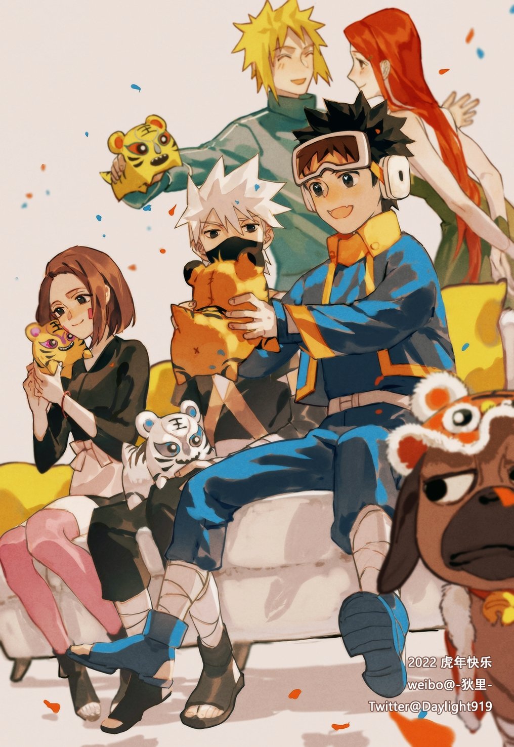 2girls 3boys apron black_hair blonde_hair brown_hair closed_eyes couch daylight919 dog facial_mark forehead_protector full_body goggles goggles_on_head green_apron happy hatake_kakashi highres husband_and_wife jacket long_hair looking_at_another mask mouth_mask multiple_boys multiple_girls namikaze_minato naruto_(series) nohara_rin pakkun_(naruto) pink_legwear red_hair sandals short_hair sitting smile stuffed_animal stuffed_tiger stuffed_toy thighhighs uchiha_obito uzumaki_kushina very_long_hair web_address younger
