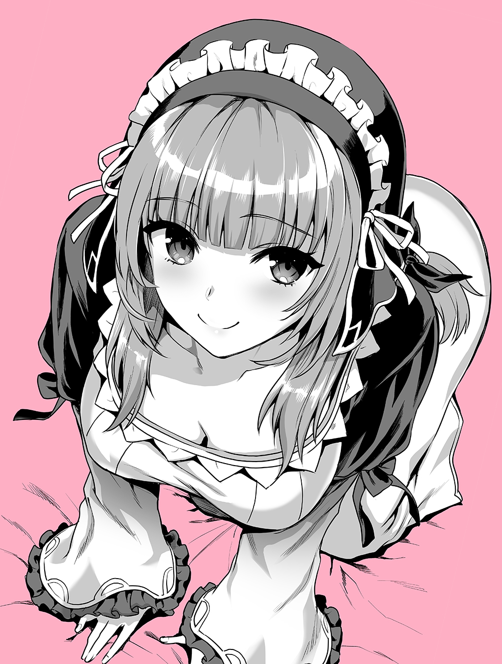 1girl all_fours blush breasts cleavage closed_mouth clothes_lift dress dress_lift greyscale_with_colored_background hairband highres kojima_saya large_breasts long_sleeves looking_at_viewer maken-shi_no_maken_ni_yoru_maken_no_tame_no_harem_life smile solo