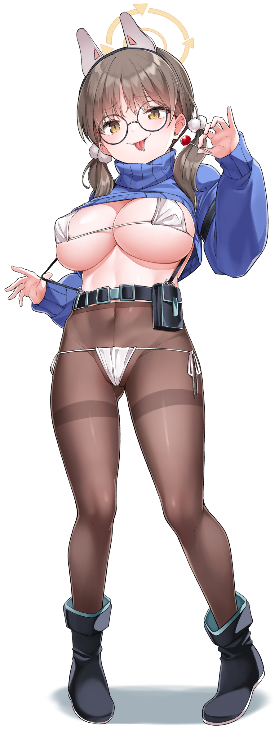 1girl absurdres bangs belt bikini bikini_over_clothes black_footwear blue_archive blue_sweater blush boots breasts brown_hair brown_legwear covered_navel crop_top eyebrows_visible_through_hair glasses halo highres konnyaku_(kk-monmon) large_breasts long_hair long_sleeves looking_at_viewer moe_(blue_archive) pantyhose pouch revision round_eyewear shadow side-tie_bikini simple_background solo sweater swimsuit tongue tongue_out turtleneck turtleneck_sweater twintails white_background yellow_eyes