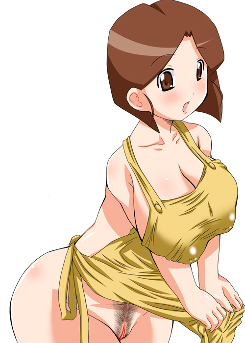 1girl apron artist_request bare_shoulders blush breasts brown_eyes brown_hair cleavage curvy erect_nipples green_hair happy hips housewife large_breasts looking_at_viewer medabots medarot medarots milf naked_apron nipples open_mouth pubic_hair puffy_nipples pussy short_hair sideboob simple_background solo tenryou_chidori white_background wide_hips