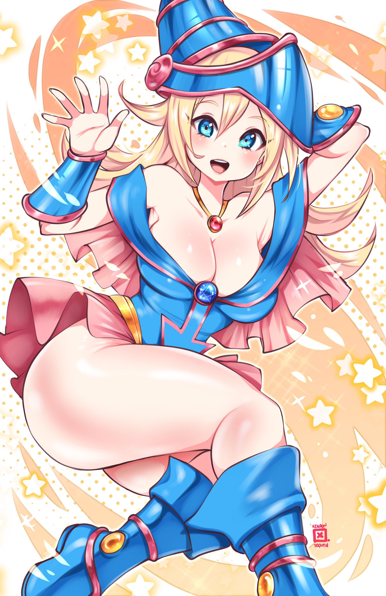 1girl arms_behind_head artist_name bangs bare_shoulders blonde_hair blue_dress blue_eyes blue_footwear boots breasts capelet cleavage collar commentary dark_magician_girl dress duel_monster hat highres kenron_toqueen knee_boots large_breasts long_hair looking_at_viewer open_mouth pentacle polka_dot polka_dot_background shiny shiny_hair shiny_skin short_dress signature simple_background smile star_(symbol) strapless strapless_dress thighs vambraces wizard_hat yu-gi-oh! yu-gi-oh!_duel_monsters