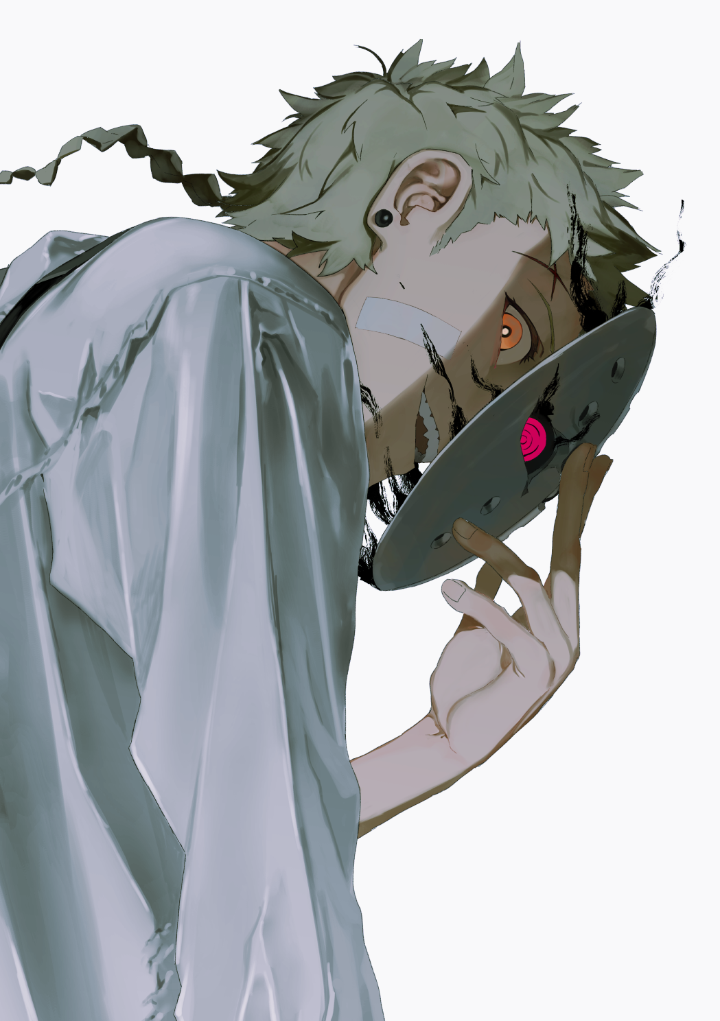 1boy bandaid bandaid_on_cheek bandaid_on_face black_sclera braid braided_ponytail c-button colored_sclera earrings from_behind from_below grey_hair highres holding holding_mask jewelry long_sleeves looking_at_viewer looking_down male_focus mask open_mouth orange_eyes original pink_eyes profile removing_mask ringed_eyes short_hair_with_long_locks sideways_glance simple_background single_braid smirk smoke solo stud_earrings teeth upper_body white_background