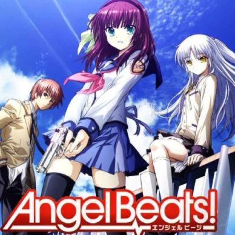 1boy 2girls angel_beats! brown_eyes cyan_hair green_eyes hairband jpeg_artifacts long_hair medium_hair multiple_girls nakamura_yuri non-web_source official_art otonashi_yuzuru purple_hair red_hair school_uniform short_hair source_request tachibana_kanade thighhighs yellow_eyes zettai_ryouiki