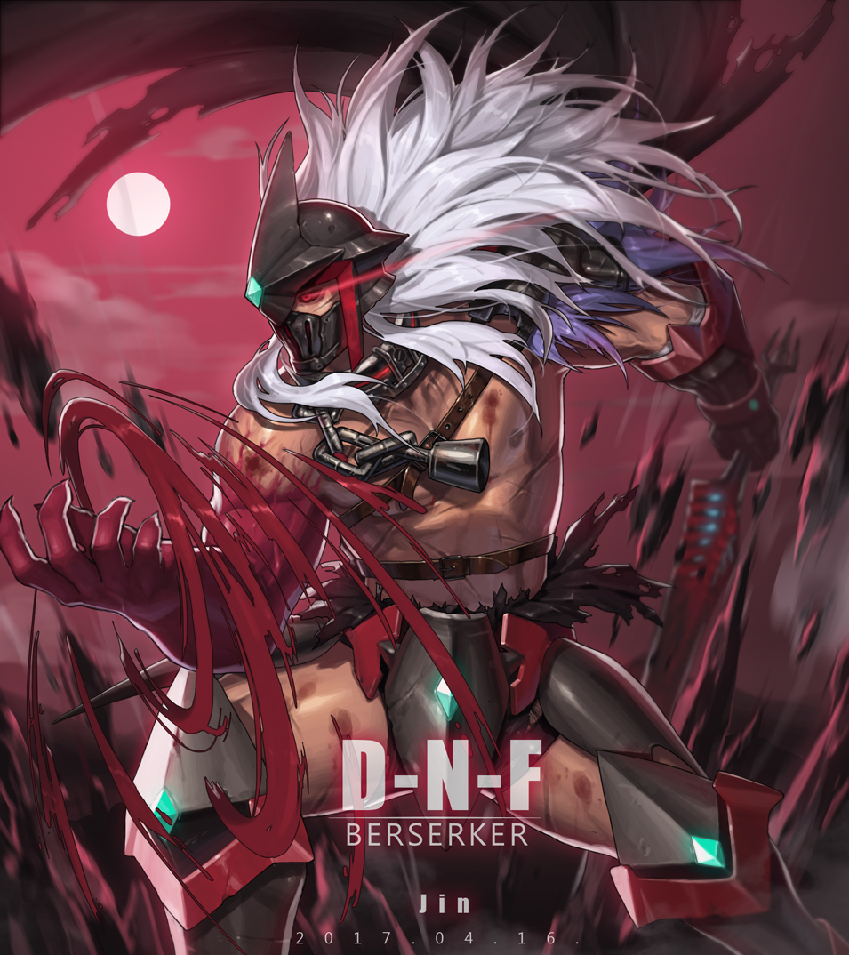 1boy abs bara belt berserker_(tera_online) biceps blood chain clothes_lift cloud cloudy_sky covered_mouth crotch_plate dungeon_and_fighter fighting_stance gauntlets glowing glowing_eyes injury jin_(sirius-j) large_pectorals leather_belt leg_armor long_hair looking_to_the_side male_focus manly mask mature_male moon muscular muscular_male night night_sky nipples pectorals red_eyes skirt skirt_lift sky solo sword text_focus torn_clothes weapon white_hair