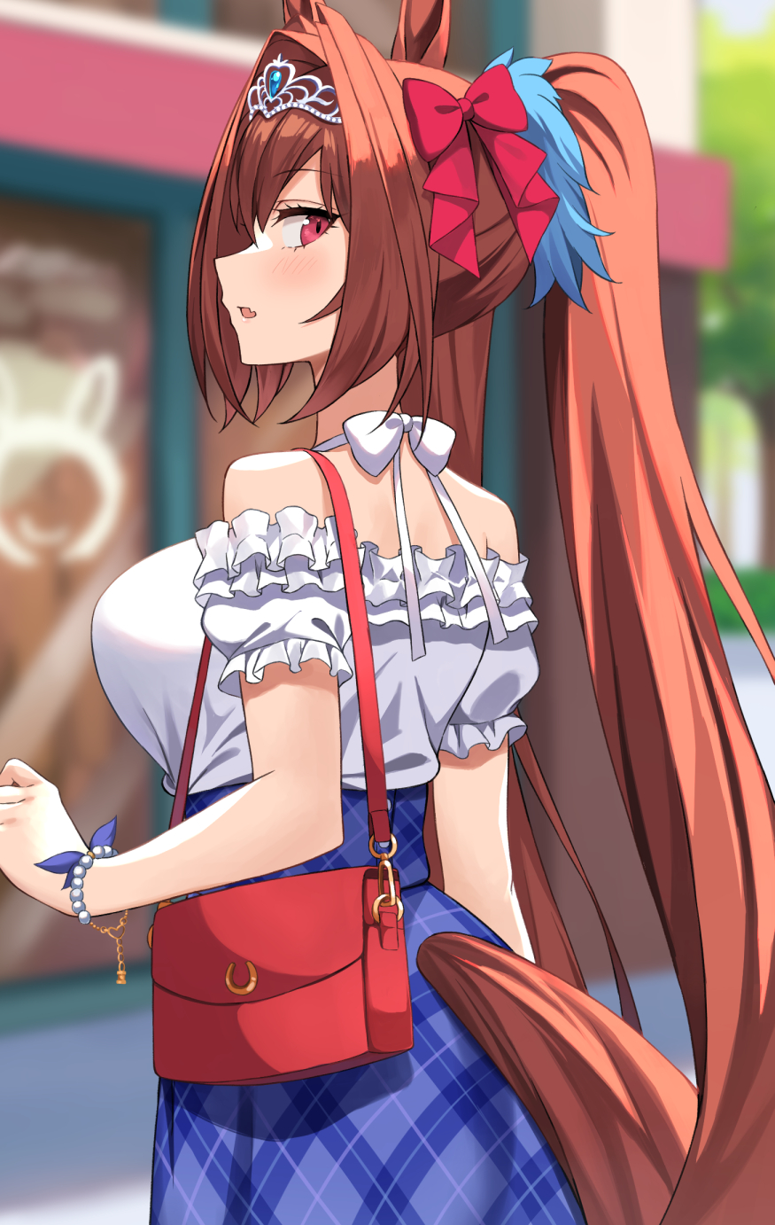 1girl animal_ears asato_(fadeless) bag bead_bracelet beads blurry blurry_background blush bracelet breasts brown_hair casual commentary_request daiwa_scarlet_(umamusume) fang from_behind highres horse_ears horse_girl horse_tail jewelry large_breasts long_hair looking_at_viewer looking_back outdoors parted_lips red_eyes shoulder_bag skin_fang solo tail tiara twintails umamusume