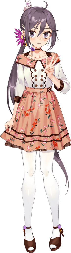 1girl akebono_(kancolle) akebono_kai_ni_(kancolle) alternate_costume animal bell blush bunny closed_mouth collarbone dress drew_(drew213g) eyebrows_visible_through_hair flower full_body hair_bell hair_between_eyes hair_flower hair_ornament jingle_bell kantai_collection long_hair official_art open_mouth pantyhose purple_eyes purple_flower purple_hair side_ponytail smile solo source_request transparent_background v white_legwear