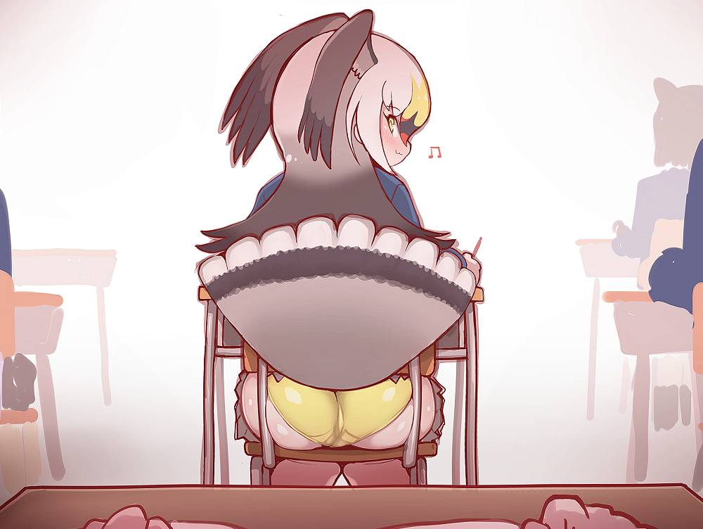 1girl :3 alternate_costume ass bangs bird_girl bird_tail bird_wings black-tailed_gull_(kemono_friends) black_hair blonde_hair blush chair commentary_request desk eyebrows_visible_through_hair from_behind gradient_hair grey_hair head_wings jacket kemono_friends long_bangs long_hair long_sleeves looking_at_viewer multicolored_hair musical_note on_chair panties pov pov_hands red_hair school_desk school_uniform shiny shiny_skin sideways_glance sitting skindentation skirt smile solo_focus tail tanaka_kusao teasing underwear wings yellow_eyes yellow_panties