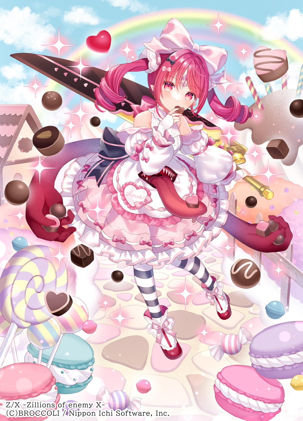 1girl black_bow black_legwear blue_sky bow candy candy_cane character_request chocolate cloud copyright copyright_name fingerless_gloves food full_body gloves hair_bow heart heart-shaped_chocolate highres holding holding_food house long_sleeves looking_at_viewer pink_bow pointy_ears rainbow red_footwear red_hair sky solo striped striped_legwear wasabi_(sekai) white_bow white_gloves white_legwear z/x