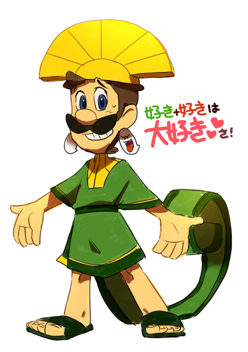 1boy alternate_color alternate_costume big_nose blue_eyes boo_(mario) brown_hair commentary_request cosplay earrings facial_hair green_footwear green_robe grin headpiece heart jewelry kinashi kuzco kuzco_(cosplay) legs_apart looking_at_viewer luigi male_focus mario_(series) mustache nervous nervous_smile robe sandals short_hair short_sleeves simple_background sketch smile solo sweat teeth the_emperor's_new_groove translated white_background yellow_headwear