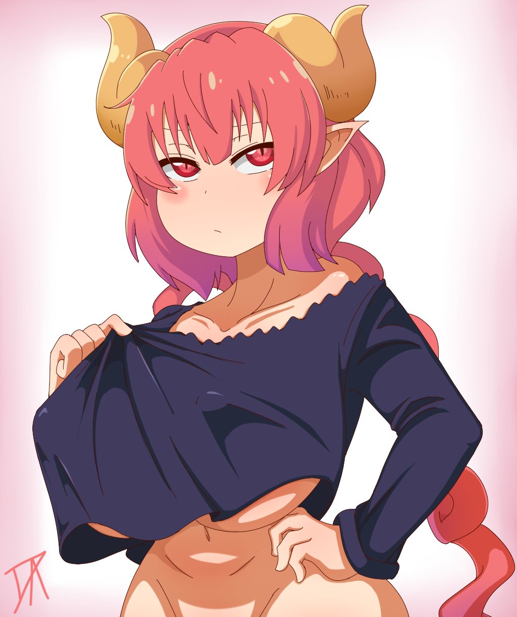 animal_humanoid big_breasts blush breasts clothing clothing_pull dalley-the-alpha dragon dragon_humanoid female hair hand_on_hip hi_res horn huge_breasts humanoid ilulu miss_kobayashi's_dragon_maid navel nipple_outline pink_eyes pink_hair shirt shirt_pull solo topwear topwear_pull under_boob white_body white_skin