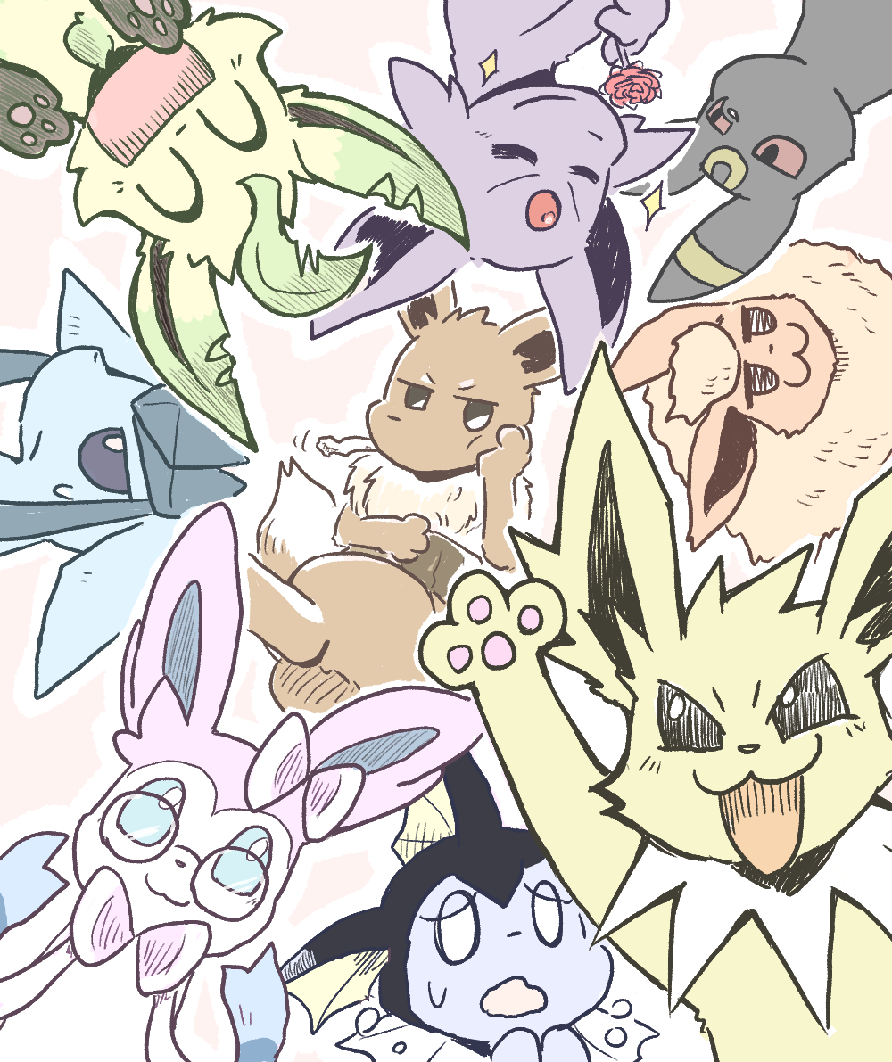 ambiguous_gender black_body blue_body blush bodily_fluids brown_body brown_tail_(artist) canid canine cigarette eevee eeveelution espeon eyewear feral flareon fluffy fur glaceon glasses happy jolteon leafeon mammal nintendo open_mouth pok&eacute;mon pok&eacute;mon_(species) ribbons smile smoking sweat sylveon umbreon vaporeon video_games yellow_body yellow_fur