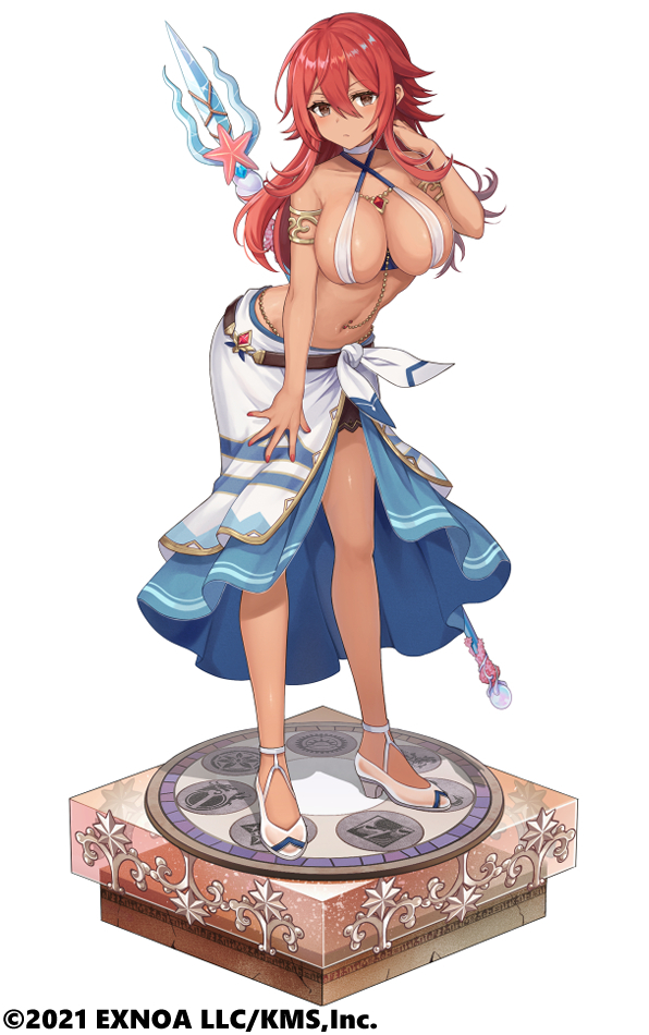 1girl armlet bare_legs bare_shoulders bikini bikini_top_only breasts brown_eyes choker cleavage closed_mouth criss-cross_halter full_body halterneck hand_up large_breasts leaning_forward long_hair looking_at_viewer navel navel_piercing official_art piercing polearm red_hair retsuto sandals sarong solo standing stomach string_bikini swimsuit tenkei_paradox trident weapon white_choker