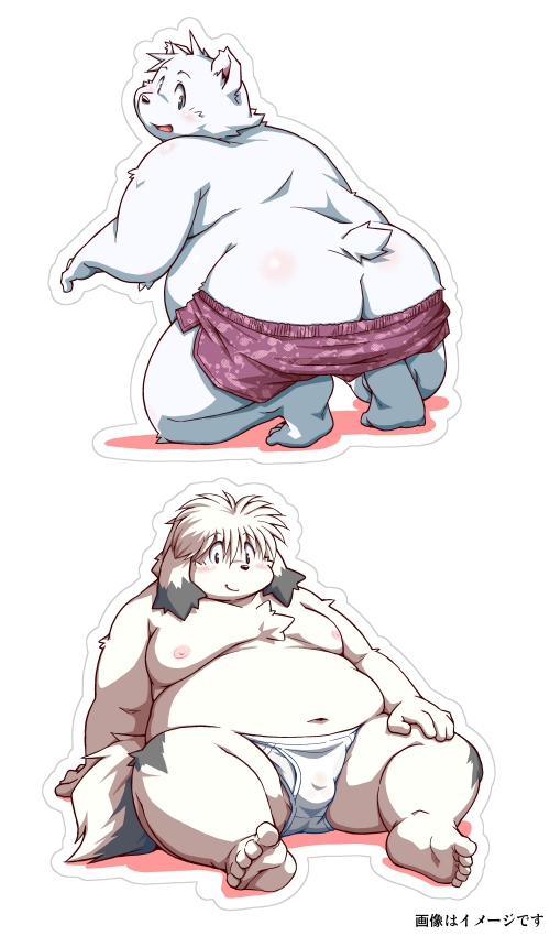 2022 anthro blush book_whitener bulge butt canid canine canis clothing domestic_dog humanoid_hands kemono male mammal monochrome_(series) moobs navel nipples overweight overweight_male polar_bear sitting takagi_kyou underwear ursid ursine white_body wight_bracken