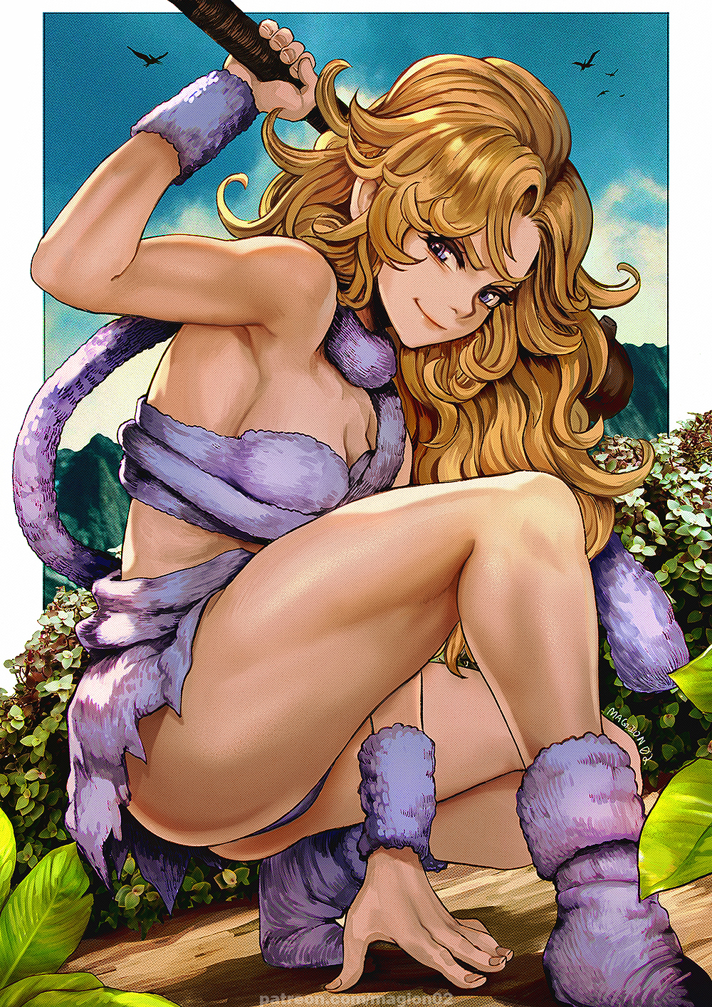 1girl artist_name ass ayla_(chrono_trigger) bangs bare_legs bare_shoulders blonde_hair blue_sky blush boots border breasts caveman chrono_trigger closed_mouth club_(weapon) collarbone commentary_request curly_hair day dinosaur fake_tail fingernails forehead full_body fur_boots grey_scarf highres holding holding_club leaf looking_at_viewer magion02 outdoors parted_bangs patreon_username plant purple_eyes scarf sky smile solo squatting tail thick_eyebrows thighs toned weapon weapon_behind_back white_border wrist_cuffs