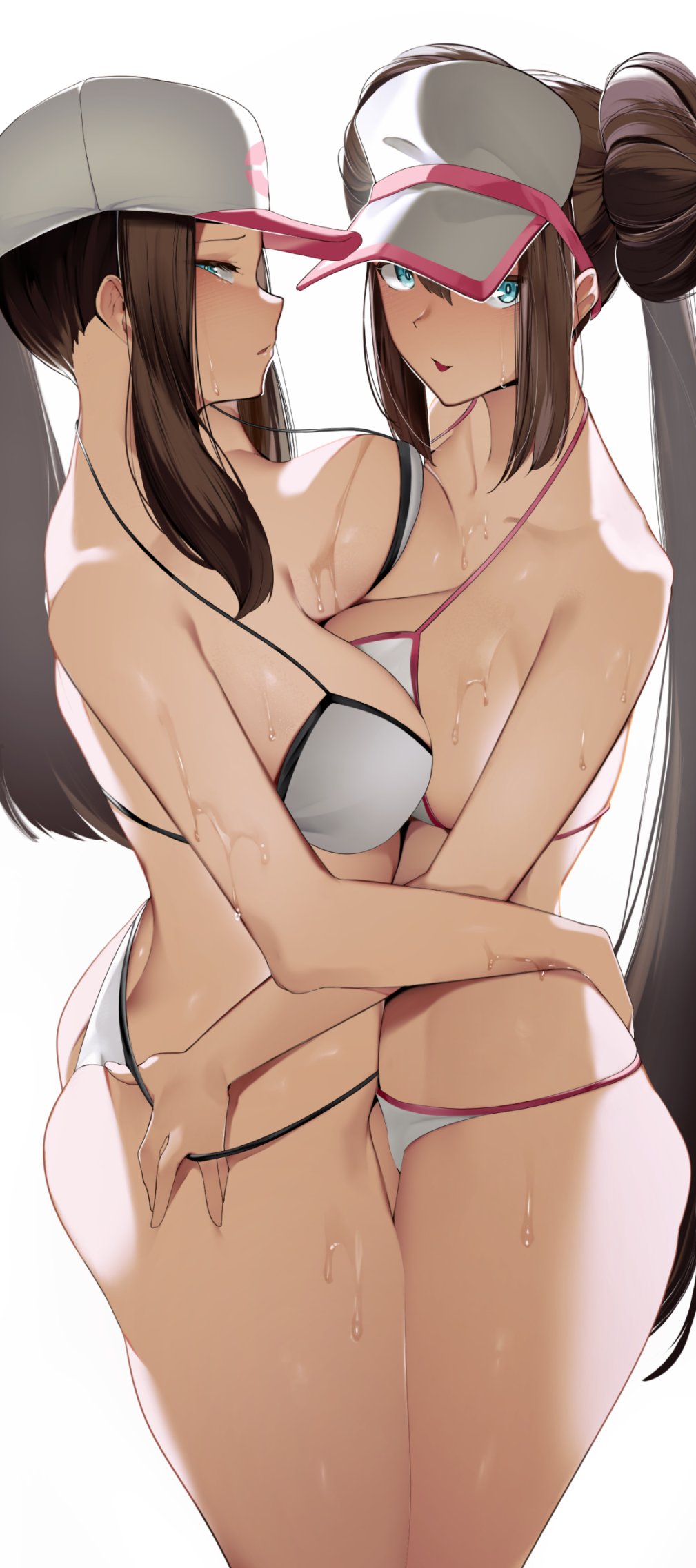 2girls ass asymmetrical_docking bare_legs bikini bikini_pull blue_eyes breast_press breasts brown_hair clothes_pull double_bun hat highres hilda_(pokemon) hug large_breasts looking_at_viewer multiple_girls pokemon pokemon_(anime) pokemon_(game) pokemon_bw pokemon_bw_(anime) ponytail rosa_(pokemon) smile sweat swimsuit thighs twintails unaligned_breasts visor_cap white_bikini yuuyuu_(yuuki1771)