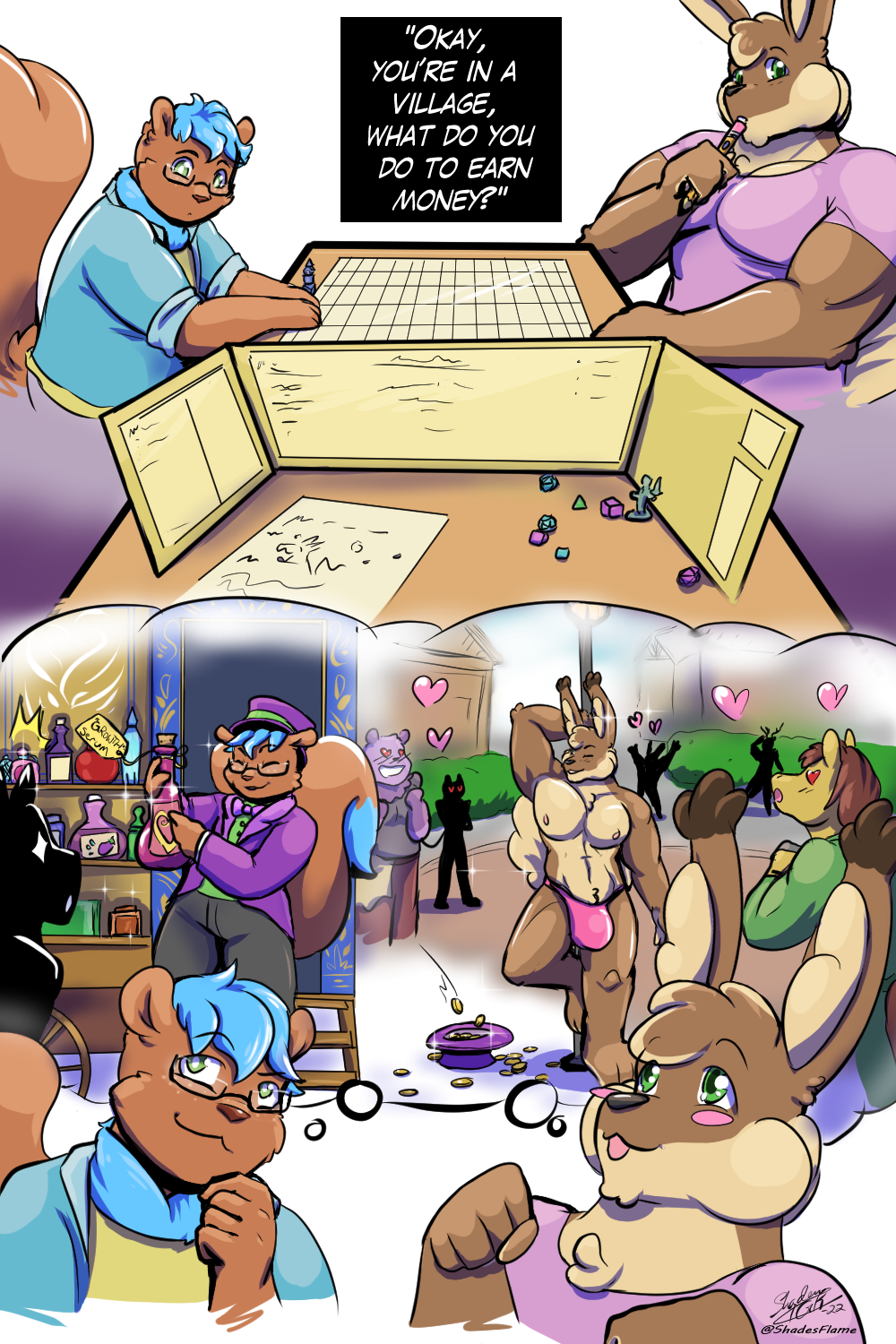 &lt;3 anthro background_character blue_hair blush board_game bow_tie brown_body brown_fur bulge character_sheet_(rpg) clothed clothing coin dancing dialogue dice dungeons_and_dragons duo earnings eli equid equine exhibitionism eyewear fantasy fur furniture game_(disambiguation) glasses gold_(metal) gold_coin green_eyes growth_potion growth_serum hair hasbro hi_res horse jockstrap lagomorph leporid male male/male mammal minifigure mocha_latte_love partially_clothed pencil_(disambiguation) playing playing_game pole pole_dancing potion potion_bottle rabbit rodent sciurid selling shadesflame shirt sitting snake_oil t-shirt table tabletop tabletop_game thought_bubble tipping tipping_hat topwear underwear undressing vest wizards_of_the_coast