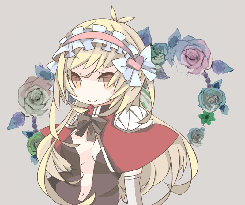 1girl antenna_hair bangs blonde_hair bow bowtie breasts brown_bow brown_bowtie brown_dress brown_eyes cape cleavage closed_mouth commentary_request creator_(ragnarok_online) dress eyebrows_visible_through_hair flower frilled_hairband frills grey_background hair_ornament hairband heart heart_hair_ornament long_hair looking_at_viewer medium_breasts navel pekeko_(pepekekeko) pink_hairband plunging_neckline ragnarok_online red_cape slit_pupils smile solo upper_body