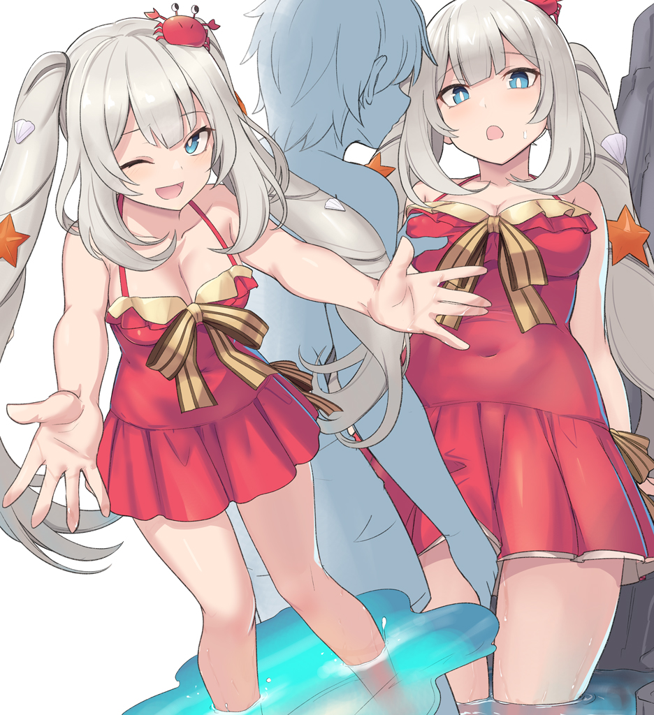 1boy 1girl bangs bare_shoulders blue_eyes blush breasts cleavage collarbone crab_on_head dress_swimsuit fate/grand_order fate_(series) long_hair looking_at_viewer marie_antoinette_(fate) marie_antoinette_(swimsuit_caster)_(fate) marie_antoinette_(swimsuit_caster)_(first_ascension)_(fate) medium_breasts multiple_views one_eye_closed open_mouth red_swimsuit shell_hair_ornament shiseki_hirame sidelocks silver_hair smile starfish_hair_ornament swimsuit thighs twintails very_long_hair wading water