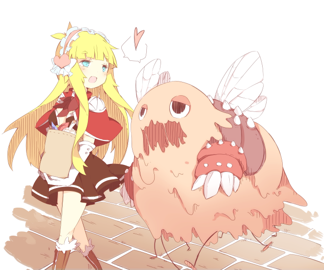 1girl bag bangs blonde_hair blush boots brown_dress brown_footwear cape commentary_request creator_(ragnarok_online) dress eyebrows_visible_through_hair feet_out_of_frame frilled_hairband frills fur-trimmed_footwear gloves grocery_bag hair_ornament hairband heart heart_hair_ornament long_hair looking_to_the_side monster open_mouth pekeko_(pepekekeko) pink_hairband ragnarok_online red_cape shopping_bag short_dress smile spoken_heart vanilmirth_(ragnarok_online) walking white_gloves