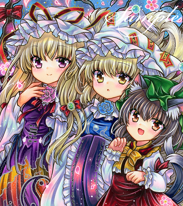 3girls animal_ears arm_ribbon bangs blonde_hair blue_flower blue_rose blue_tabard blush bow bowtie brown_eyes brown_hair cat_ears cat_tail chen cherry_blossoms cowboy_shot dress embellished_costume eyebrows_visible_through_hair flower fox_tail frilled_bow frilled_dress frilled_shirt_collar frilled_sleeves frills gap_(touhou) green_headwear hair_bow hand_up hands_in_opposite_sleeves hat hat_ribbon long_hair long_sleeves looking_at_viewer marker_(medium) mob_cap multiple_girls multiple_tails neck_flower neck_ribbon nekomata ofuda ofuda_on_clothes open_mouth paw_pose petals pillow_hat pink_flower pink_rose purple_eyes purple_tabard red_bow red_dress red_ribbon ribbon rose rui_(sugar3) sample_watermark shirt short_hair sleeveless sleeveless_dress smile standing tail tassel touhou traditional_media two_tails watermark white_dress white_headwear white_shirt wide_sleeves yakumo_ran yakumo_yukari yellow_bow yellow_bowtie yellow_eyes