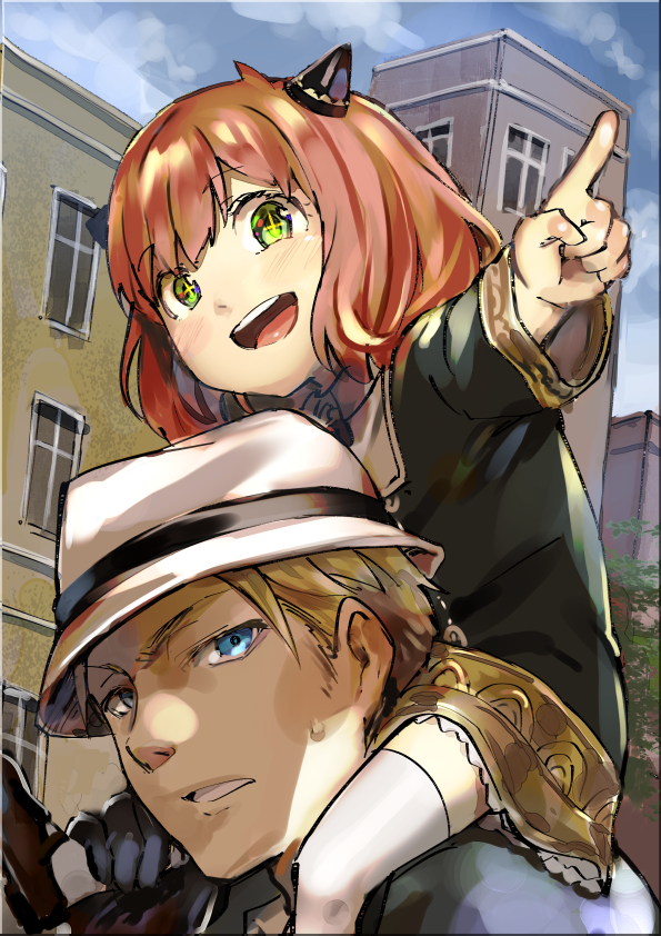 +_+ 1boy 1girl :d akechi_shizuku anya_(spy_x_family) black_dress black_gloves black_jacket blonde_hair blue_eyes blue_sky blush brown_footwear brown_hair building carrying cloud cloudy_sky commentary_request day dress gloves green_eyes jacket long_sleeves outdoors outstretched_arm shoes shoulder_carry sky smile spy_x_family teeth thighhighs twilight_(spy_x_family) upper_teeth white_headwear white_legwear window