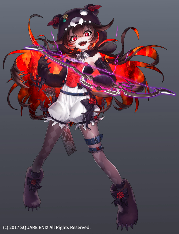 1girl animal_hands animal_hood black_background bloomers bow_(weapon) full_body gloves gradient gradient_background grimms_notes hood hood_up official_art open_mouth paw_gloves red_eyes sakanahen shadow_rose_red smile solo teeth underwear weapon