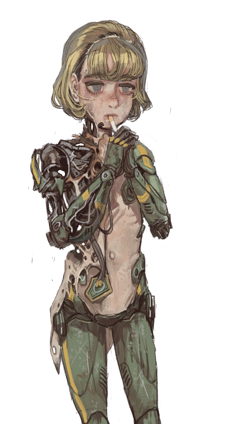 1other androgynous bangs blonde_hair blue_eyes blunt_bangs bruise bruise_on_face cigarette cyberpunk cyborg damaged dirty dirty_face expressionless flat_chest half-closed_eyes highres injury joints mechanical_arms mechanical_legs mechanical_parts mossacannibalis mouth_hold navel original robot_joints serious short_hair smoking torn_skin wire