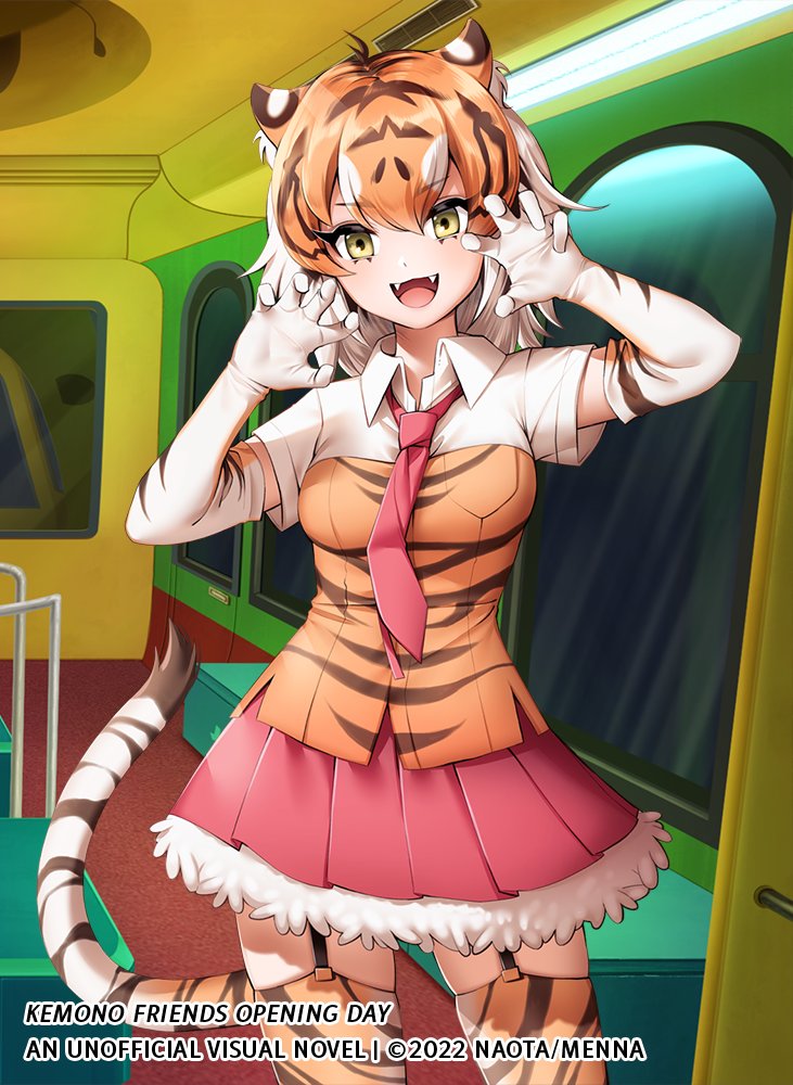 1girl animal_ears animal_print arm_up bangs black_hair claw_pose collared_shirt colored_inner_hair copyright cowboy_shot elbow_gloves english_commentary eyebrows_visible_through_hair fang fur_trim garter_straps gloves ground_vehicle hand_up japari_bus kemono_friends long_hair looking_at_viewer menna_(0012) miniskirt motor_vehicle multicolored_hair necktie open_mouth orange_hair pleated_skirt print_gloves print_legwear print_shirt red_skirt second-party_source shirt skirt smile solo sumatran_tiger_(kemono_friends) tail thighhighs tiger_ears tiger_girl tiger_print tiger_tail vehicle_interior white_hair wing_collar yellow_eyes zettai_ryouiki