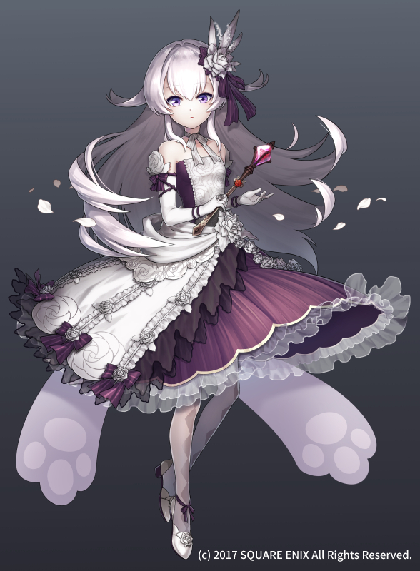 1girl black_background dress elbow_gloves flower full_body gloves gradient gradient_background grimms_notes hair_flower hair_ornament long_hair official_art open_mouth purple_eyes rose_white_(rebirth) sakanahen shoes solo wand weapon white_gloves white_hair